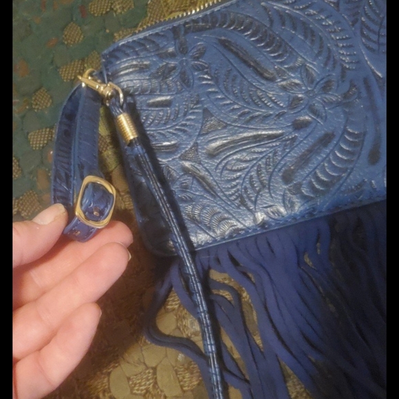 Free People Blue Embossed Fringe Bag. - Picture 10 of 14